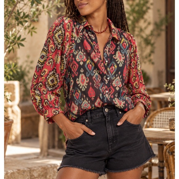 Anthropologie Tops - Anthropologie Forever That Girl Ikat Paisley Contrast Print Top Button Blouse XS